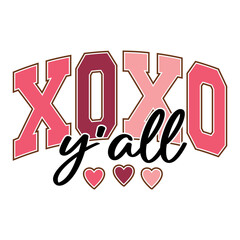 XoXo Y'all, Valentine varsity college text design with hearts for Valentine's Day celebration