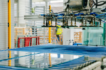 Factory manufacturing at its finest, crafting sheets of clear float glass cut to size. Robot...