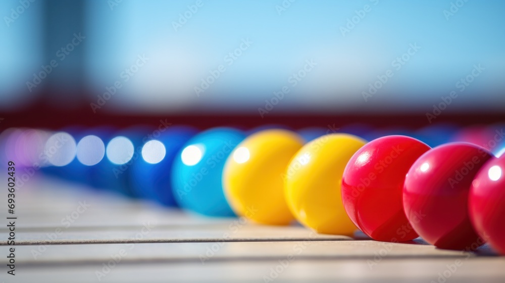 Wall mural A row of colorful marbles on a wooden surface, AI