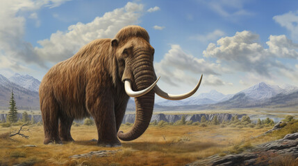 extinct giant mammoth with huge tusks standing on a prairie 
