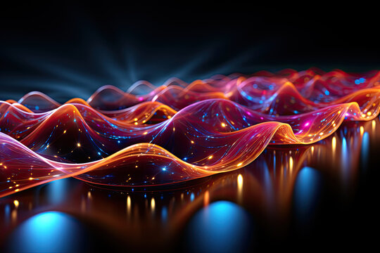 Concept of vibrating string theory threads, background with copy space. The threads appear as thin, blue and orange tones luminous lines, stretching across the canvas in a dynamic pattern.