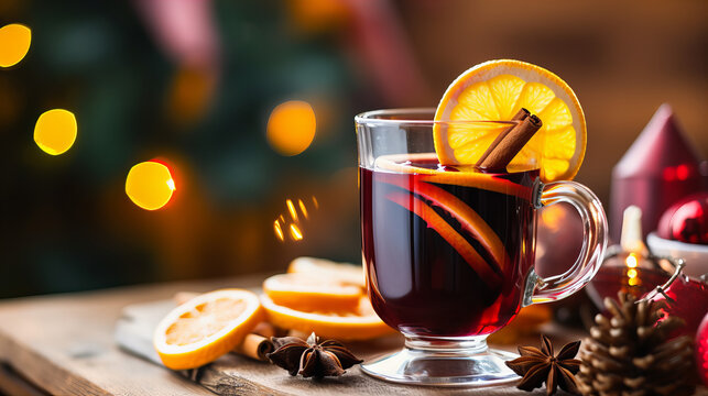 hot mulled wine with cinnamon stick, slices of orange and clove in a transparent glass mug 