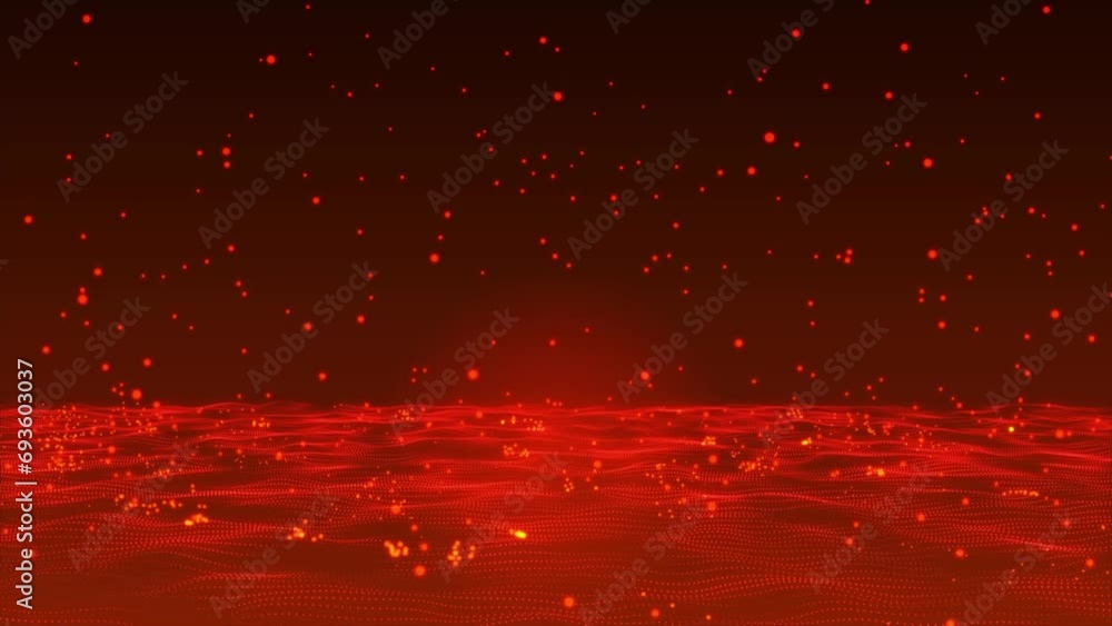 Poster abstract hi-tech bouncing red particles background. red sphere particles are falling, bouncing, and 