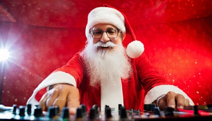 Cool Santa Claus Playing DJ Music in Club, red background