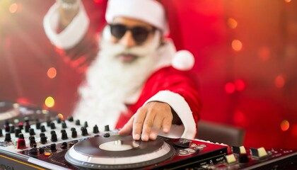 Cool Santa Claus Playing DJ Music in Club, red background