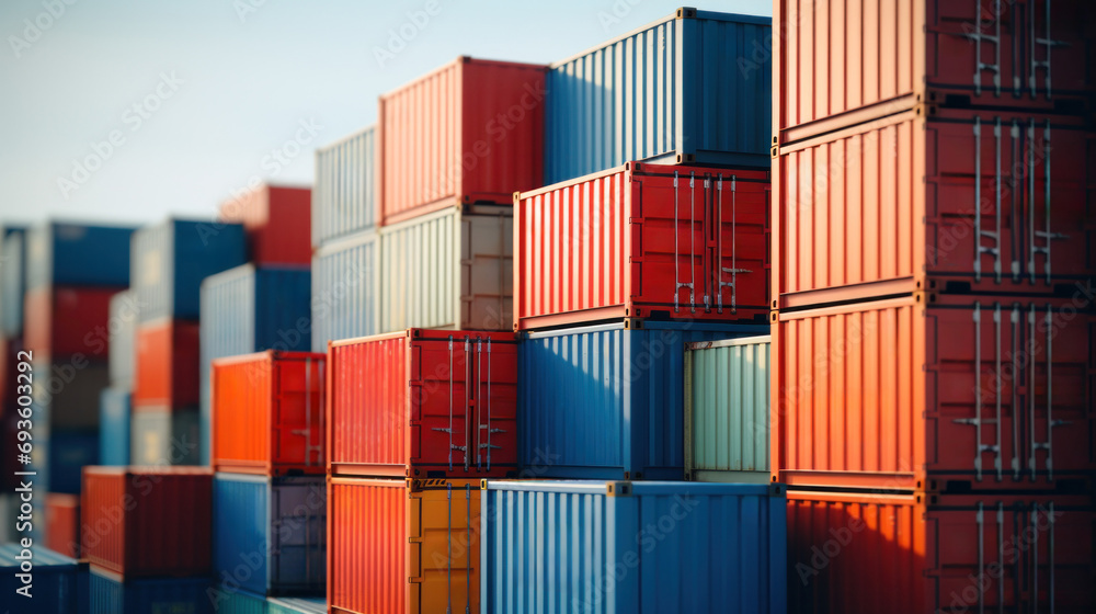Poster a large stack of shipping containers are stacked on top of each other, ai