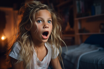 surprised little girl is expressive telling something in living room at home