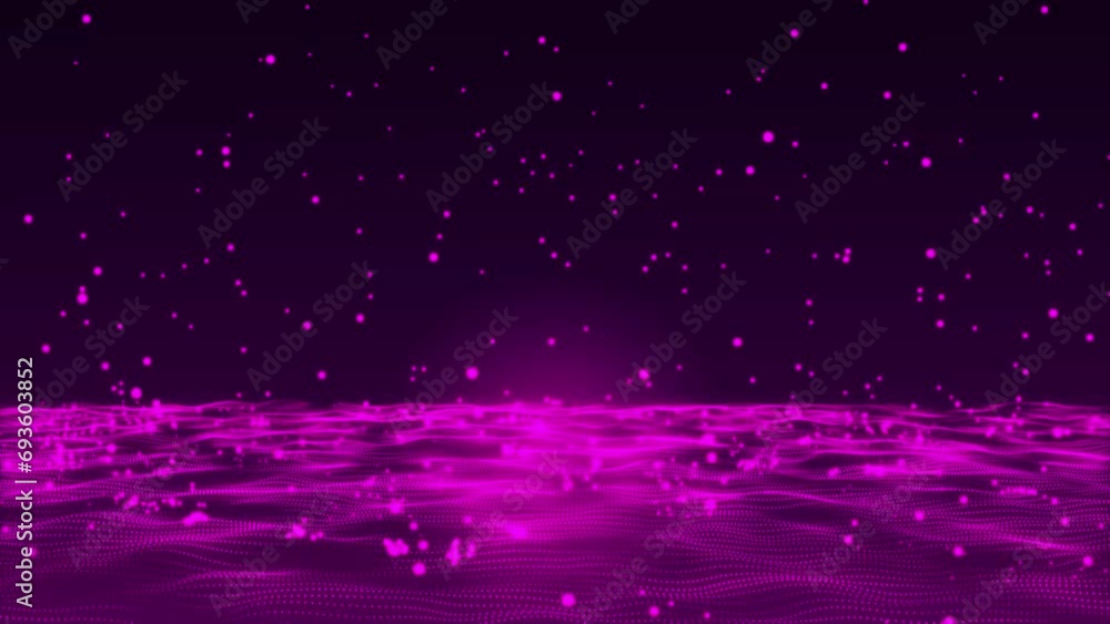 Poster abstract hi-tech bouncing purple particles background. purple sphere particles are falling, bouncing