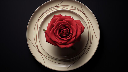 A single red rose delicately placed on a pristine white plate against a backdrop of deep black, evoking romance and sophistication