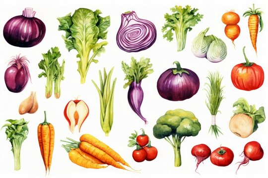 Watercolor painted collection of vegetables. Hand drawn fresh food design elements isolated on white background.