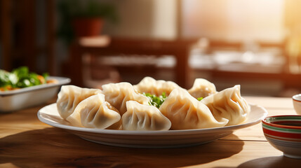 Picture of a plate of dumplings on wooden table
 - obrazy, fototapety, plakaty