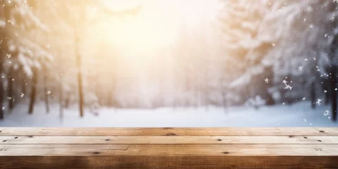Foto op Aluminium Empty table in beautiful winter landscape, wood plank board in snow mountain outdoor comeliness © Summit Art Creations