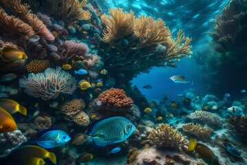 Fototapeta na wymiar Deep Dive Underwater, a close-up of a vibrant coral reef teeming with exotic fish, intricate details of the coral formations, crystal clear blue water creating a surreal and mesmerizing scene.