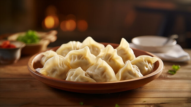 Picture of a plate of dumplings on wooden table

