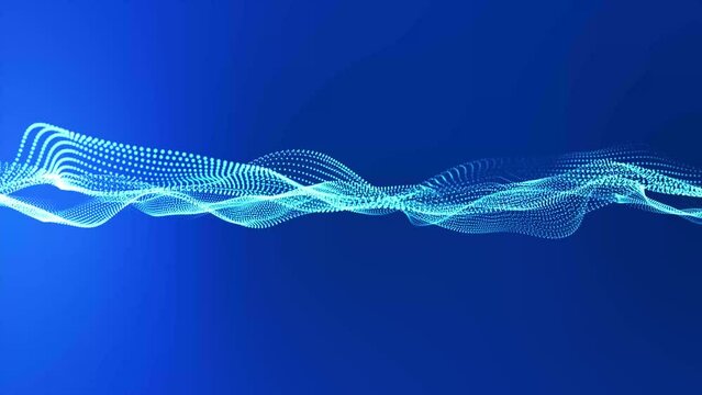 Flowing light blue dots on deep blue background. Abstract digital particle and dots wave light abstract background, animation cyber or technology background. 3d abstract animation