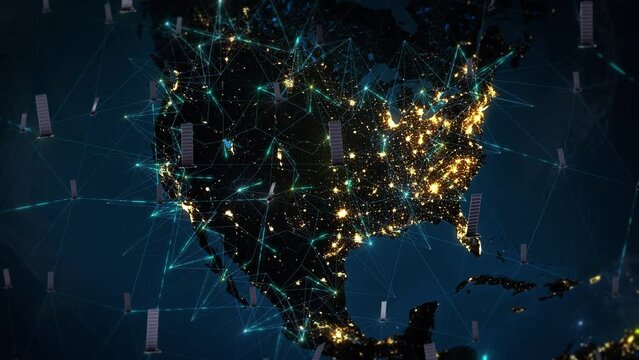View of North America Map with Connections and Internet Broadcast Satellites. Telecommunication, High-Speed Internet, GPS, Surveillance. Canada, United States, Mexico.
