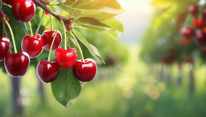 Red cherries on tree in cherry orchard