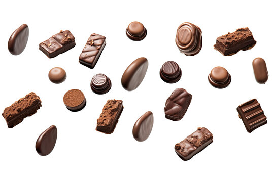 Various types of chocolate falling with choc flake in the air isolated on transparent background, dessert sweet concept, piece of dark chocolate.