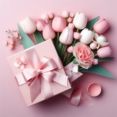 Gift box tulip flower top view copy space pink background greeting card