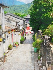Traditional rural street at sunny daytime view watercolor stock illustration.