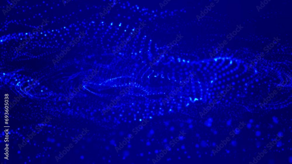 Poster flowing blue dots and particles on deep blue background. abstract digital particle and dots flow lig
