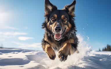 Un chien de race berger allemand courant dans la neige - obrazy, fototapety, plakaty