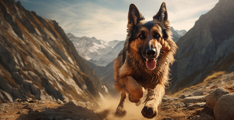 Un chien de race berger allemand courant dans la montagne