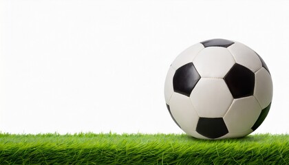 Soccer ball green grass floor and white background, text space	
