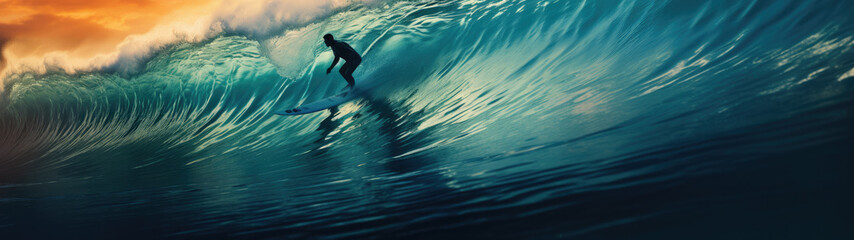 Kite Surfer Catching a Wave at Sunset, Contrasted by Deep Blue Neon, Ethereal and Tonalist