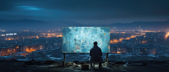 Street Artist Creating Mural in Secluded Area with Distant City Lights and Blue Neon Glow