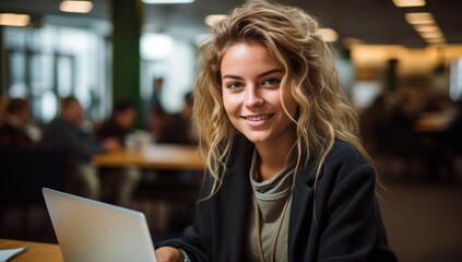 Leisurely Productivity: Smiling Woman with Laptop in Cafe