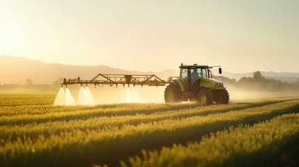 Fototapeten Tractor in the middle of a field, spraying crops with a boom sprayer © MP Studio