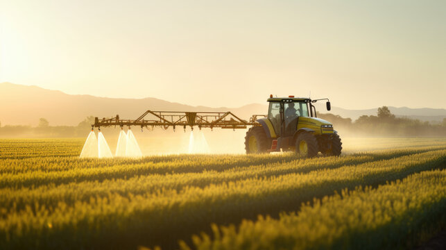 Tractor in the middle of a field, spraying crops with a boom sprayer