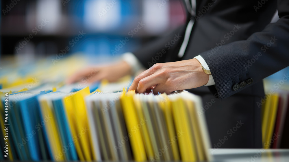 Poster close-up of a person in a business suit searching through open file drawers full of documents.