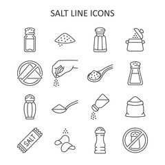 Salt line icon set. Vector collection with salt heap, shaker, salting hand, chips, food without sodium. - 693605896