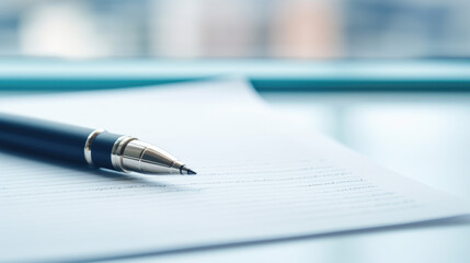 Pen lying on a contract or application form, wide angle view. - obrazy, fototapety, plakaty