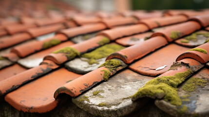 Close-up of overlapping roof tiles with varying degrees of aging