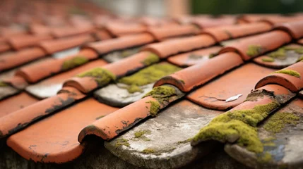 Deurstickers Close-up of overlapping roof tiles with varying degrees of aging © MP Studio