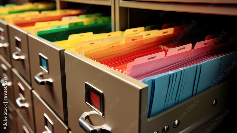 Poster close-up of a person in a business suit searching through open file drawers full of documents.