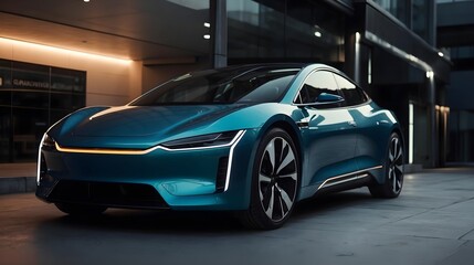 Obraz premium Electric powered car parked outside corporate building, sustainable luxury car, eco friendly renewable energy concept 