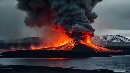 Volcanic eruption with fire lava emissions liquid magma and dark smoke