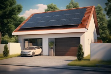 English House with Solar Panels on roof for electisity - obrazy, fototapety, plakaty