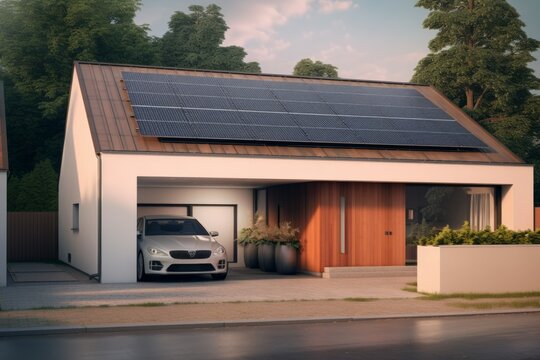 English House with Solar Panels on roof for electisity