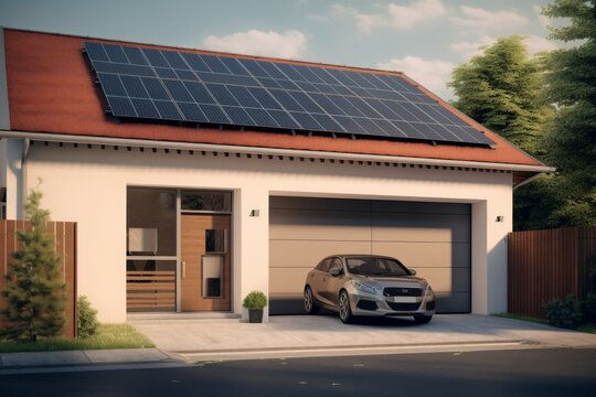 English House with Solar Panels on roof for electisity
