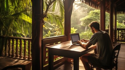 Remote online work. A man with a laptop on the veranda of a country house. Work away from the noise of the big city.