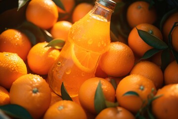 orange juice bottle stands in surrounded full of oranges