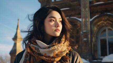 beautiful picturesque old europe ruin architecture stylish young profile view japanese woman poses with confidence and grace stylish costume cloth dress travel alone woman carefree in autumn season