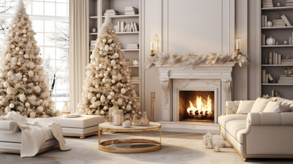 Interior of decorated living room with Christmas tree and comfortable sofa for family comeliness