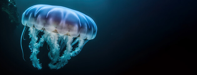 Diplulmaris Antarctica, Rare jellyfish close-up, dark background. AI generated. - obrazy, fototapety, plakaty
