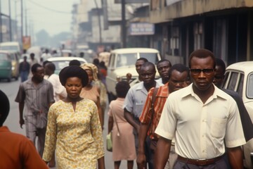 Crowd of African people walking street in 1970s